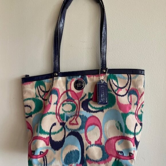 COACH Ikat Scribble Tote Double Handle Bag Blue Pink - Picture 2 of 15